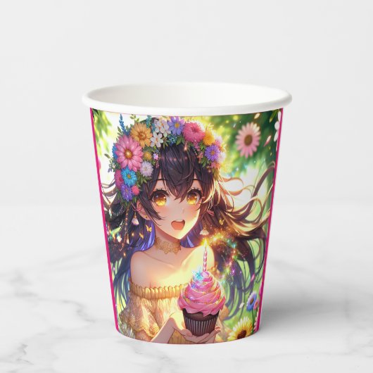 キャッかわいらしプケーキ付きアニメ誕生日 紙コップ (裏面)