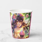 キャッかわいらしプケーキ付きアニメ誕生日 紙コップ (正面)