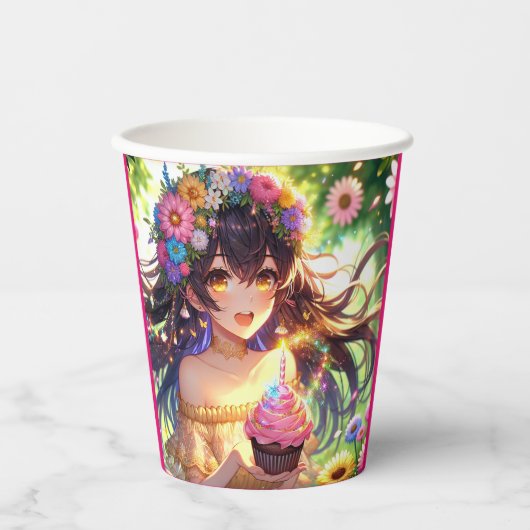 キャッかわいらしプケーキ付きアニメ誕生日 紙コップ (正面)