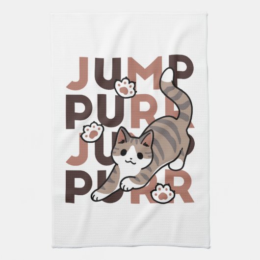キャッよくはしゃぐトジャンプデザイン- Jump Purr Pun Artwork キッチンタオル (縦)