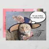 キャッエレガントト、ビッグDIVA帽子とバラ誕生日パーティー 招待状 (正面/裏面)