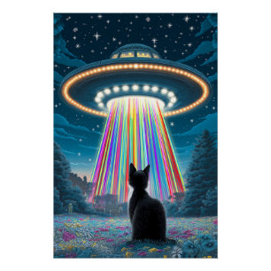 キャッサイケデリックトとUFO おもしろいエイリアン誘拐芸術 ポスター