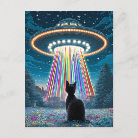 キャッサイケデリックトとUFO | おもしろいエイリアン誘拐芸術 ポストカード (正面)