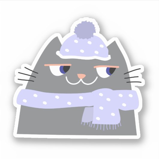 キャッシンプルプ&スカーフを巻いたかわいい漫画の冬の猫 シール (正面)