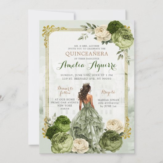 キャッスルエレガント金ゴールドセージ王室のグリーンキンセアニラ 招待状 (正面)