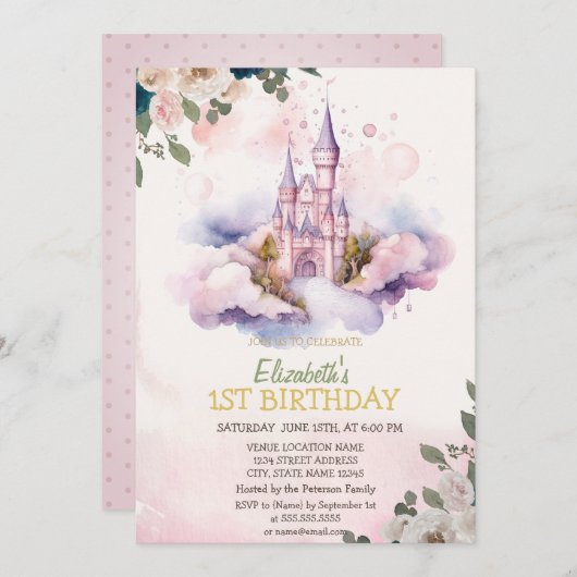 キャッスルクラウドフラワーズ水玉模様誕生日 招待状 (正面/裏面)