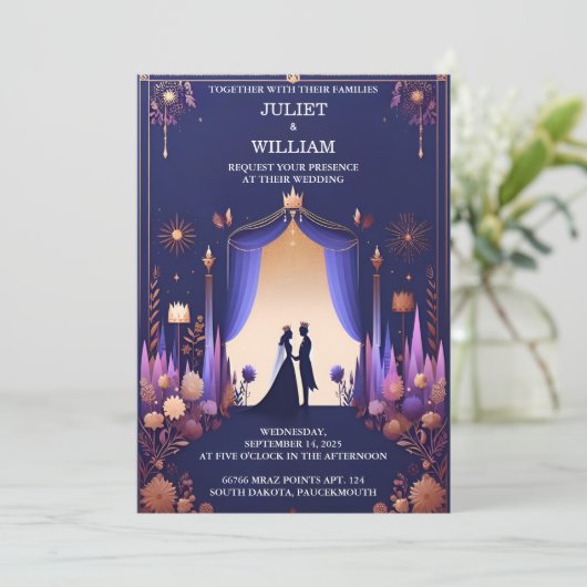 キャッスルラグジュアリー明るい赤紫色王室のクラウンブルー結婚ズ 招待状 (スタンド正面)