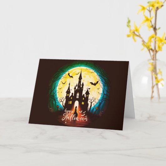 キャッスル幽霊のよく出るハッピーハローウィン不気味 カード (黄色い花)