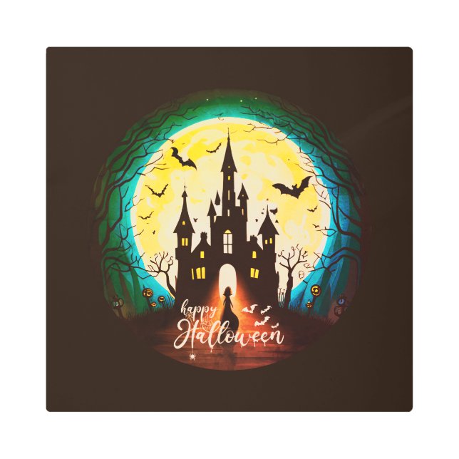 キャッスル幽霊のよく出るハッピーハローウィン不気味 メタルプリント (正面)