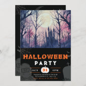 キャッスル幽霊のよく出るフルムーンピンクスカイブラックハロウィーン 招待状 (正面/裏面)