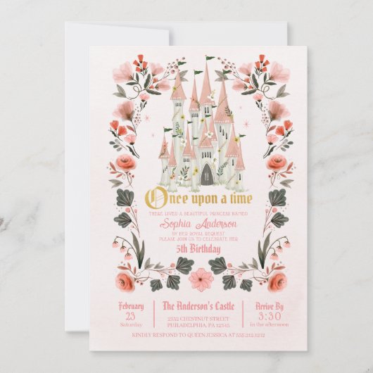 キャッスル王室のピンク誕生日招待状 – 任意の年齢写真 招待状 (正面)