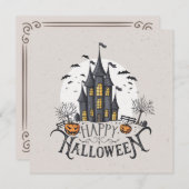 キャッスル&こうもり&カボチャハローウィンパーティ招待状 招待状 (正面/裏面)