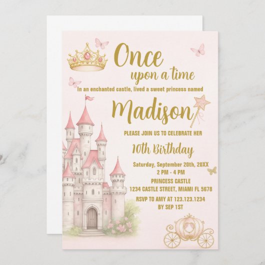 キャッスル&クラウンプリンセス誕生日招待状 招待状 (正面/裏面)