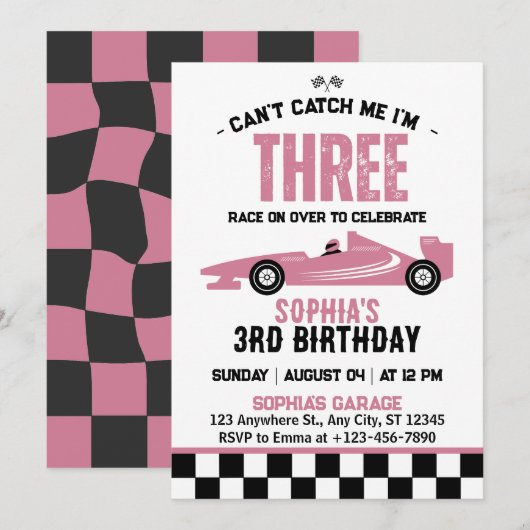 キャッチできないよ！3歳のレーシングカーマルチ3歳の誕生日 招待状 (正面/裏面)