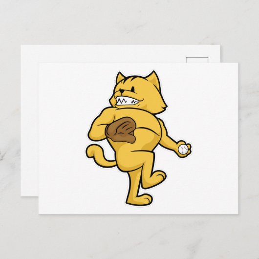 キャッチグローブをつけた猫が野球で活躍 ポストカード (正面/裏面)