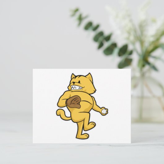 キャッチグローブをつけた猫が野球 ポストカード (スタンド正面)