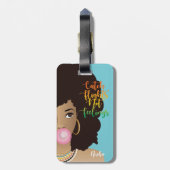 キャッチ・フライト感覚、黒い女性、ガム、青 ラゲッジタグ (裏面縦)