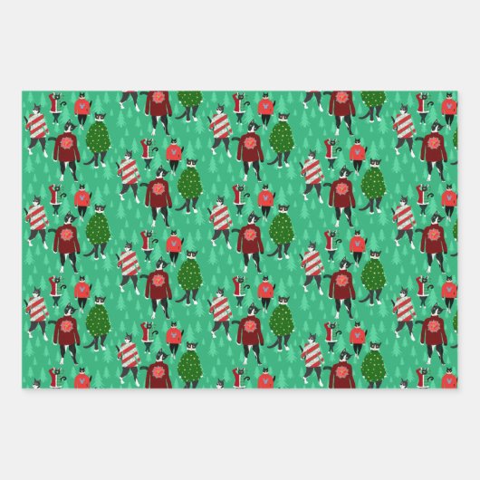 キャッツおもしろい衣服クリスマスセーターTrio ラッピングペーパーシート (正面)