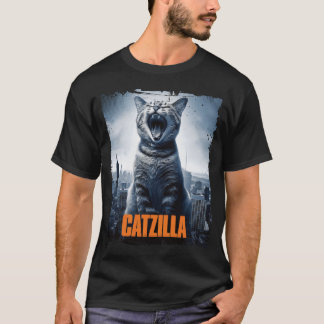 キャッツィラが飛び交うスカイライン猫の怪物 Tシャツ