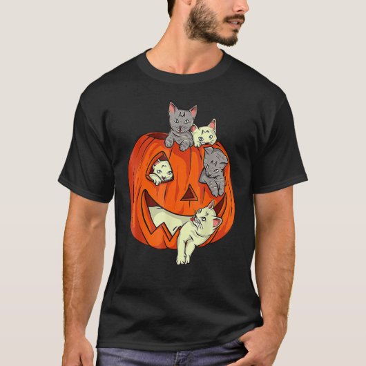 キャッツカボチャ彫りハロウィーンのカボチャのちょうちんキャットハロウィンC Tシャツ (正面)
