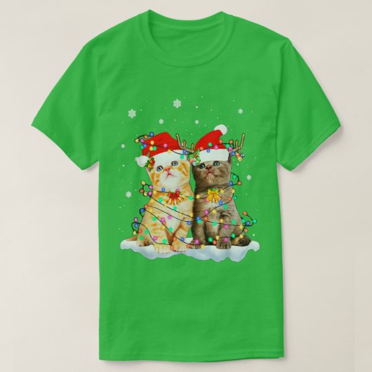 キャッツサンタハットクリスマスツリーライトズクリスマスハッピーホ Tシャツ (デザイン正面)