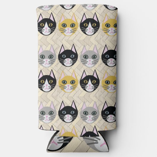 キャッツヘリンボーンベージュ スリム缶クーラー (正面)