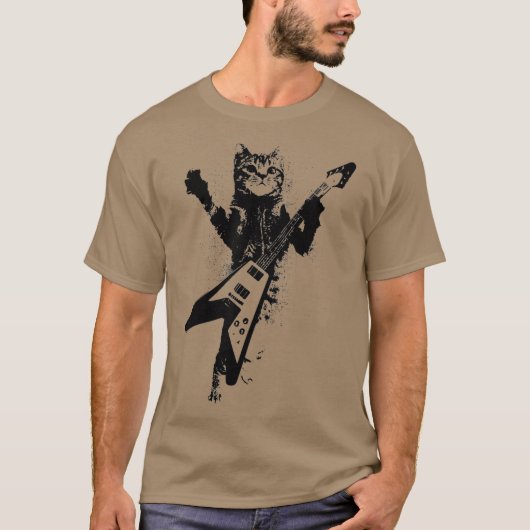 キャッツ遊Vギタ飛んでいるーミュージシャン猫好き Tシャツ (正面)