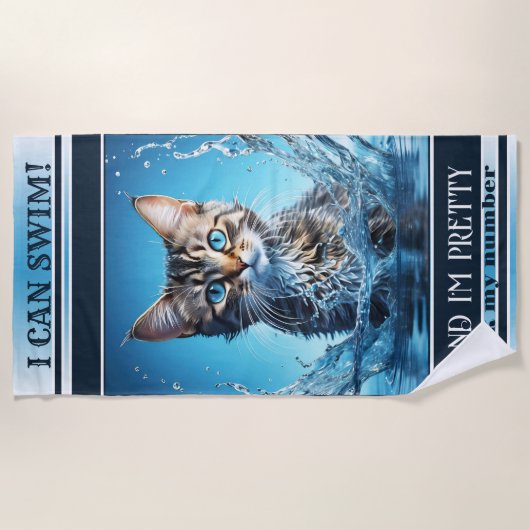 キャットおもしろいスイミングネイビストライプのー ビーチタオル (正面)