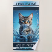 キャットおもしろいスイミングネイビストライプのー ビーチタオル (正面)