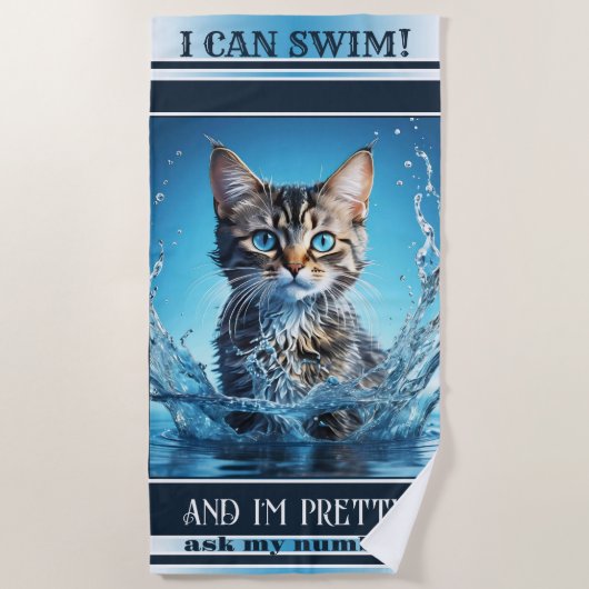 キャットおもしろいスイミングネイビストライプのー ビーチタオル (正面)