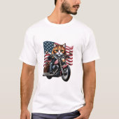 キャットおもしろいライディンググランジオートバイアメリカ国旗 Tシャツ (正面)