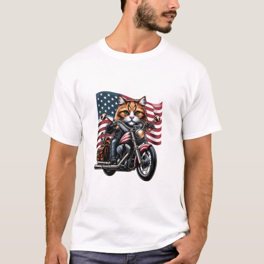 キャットおもしろいライディンググランジオートバイアメリカ国旗 Tシャツ (正面)