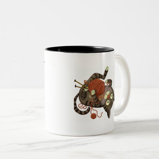 キャットおもしろい編み物をテーマにしたコーヒーマグ編み物ギフト ツートーンマグカップ (正面右)