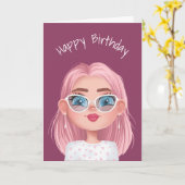 キャットアイグラスを持つ漫画誕生日の少女 カード (黄色い花)