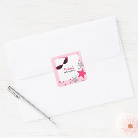 キャットアイサングラス&スターズピンクバースデーパーティー スクエアシール (封筒)
