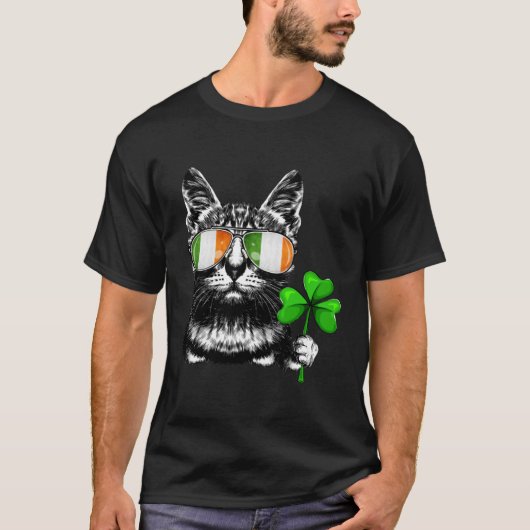 キャットアイルランド国旗サングラスシャムロックSt patricksD Tシャツ (正面)