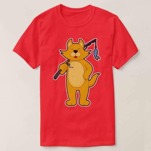 キャットアット魚釣りと魚釣りロッドフィッシュ Tシャツ (デザイン正面)