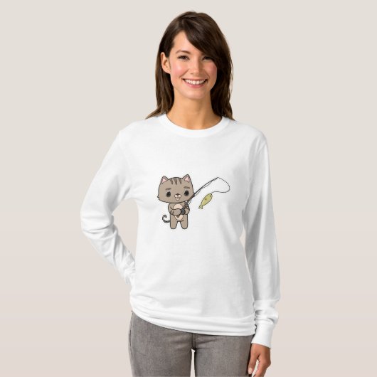 キャットアット魚釣りと魚釣り棒 Tシャツ (正面フル)