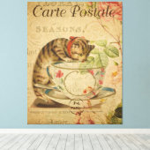 キャットアンドティーカップヴィンテージはがきフランスの キャンバスプリント (インサイチュ (ウッドフロア))