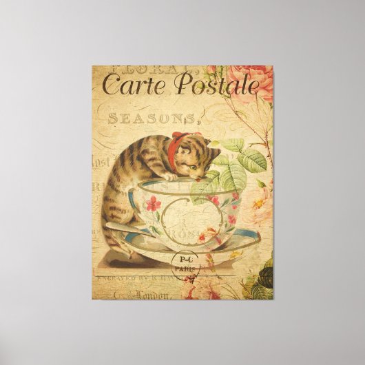 キャットアンドティーカップヴィンテージはがきフランスの キャンバスプリント (正面)