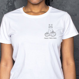 キャットアンドパンプキンスミニマルラインアートハッピーハローウィン Tシャツ