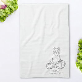 キャットアンドパンプキンズラインアートシンプルミニマルハロウィン キッチンタオル