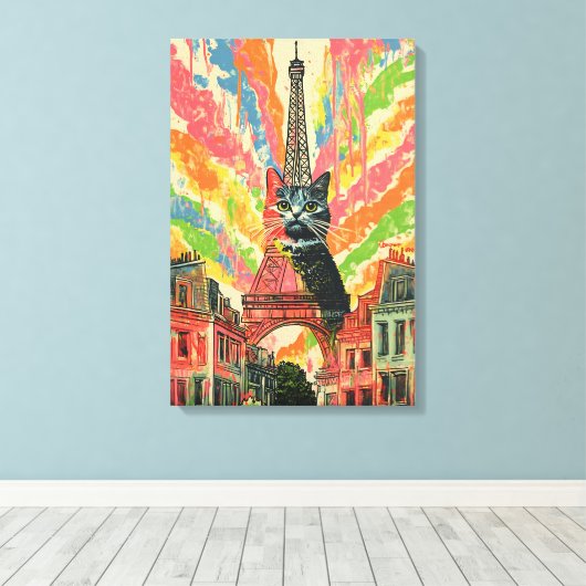 キャットインお洒落パリ – エッフェルタワーアート キャンバスプリント (インサイチュ (ウッドフロア))