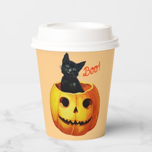 キャットインカボチャヴィンテージハロウィーンコーヒーマグ 紙コップ (正面)