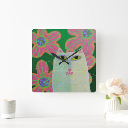 キャットウィズフラワーズアートスクエアウォールクロック スクエア壁時計 (ホーム)