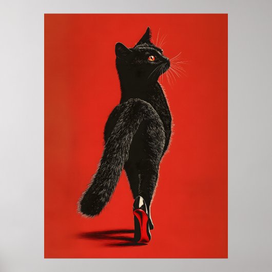 キャットウォークを歩く黒猫 – ファッションイラスト ポスター (正面)