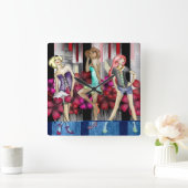 キャットウォークファッションティーンエイジファンキーガールズモダンアート スクエア壁時計 (ホーム)