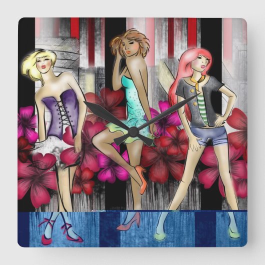 キャットウォークファッションティーンエイジファンキーガールズモダンアート スクエア壁時計 (正面)