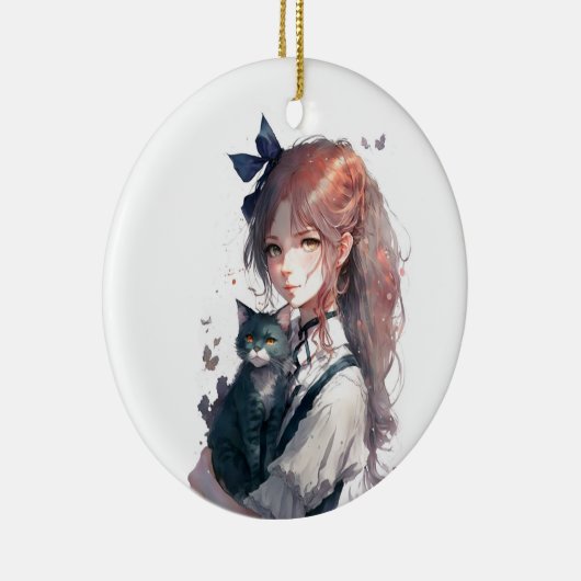 キャットウォーターを持つアニメガールポートレート セラミックオーナメント (右)