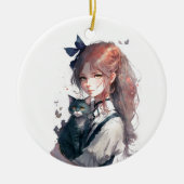 キャットウォーターを持つアニメガールポートレート セラミックオーナメント (正面)